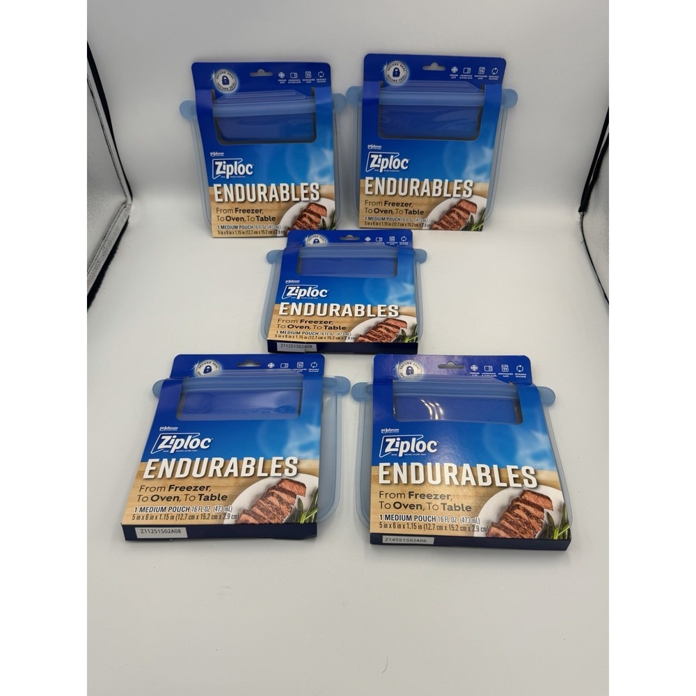 Lot 5 Ziploc Endurables Medium Silicone Food Storage Pouches 16 oz